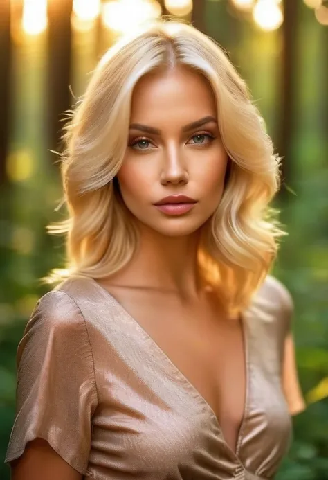 closeup portrait, sexy SSblonde hair, parted lips, lips, casual dress, looking at viewer, forest background, sunset lights, realistic