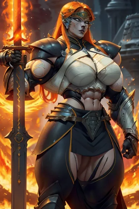 ((Close-up)), tall, (orange hair), beautiful muscular woman, long shaggy hair, white skinned, closed smile, (black lipstick), ((massive muscles)), (hyper muscle), (((ginormous bulky muscles))), green eyes, (((((warrior princess full armor suit and warrior ...