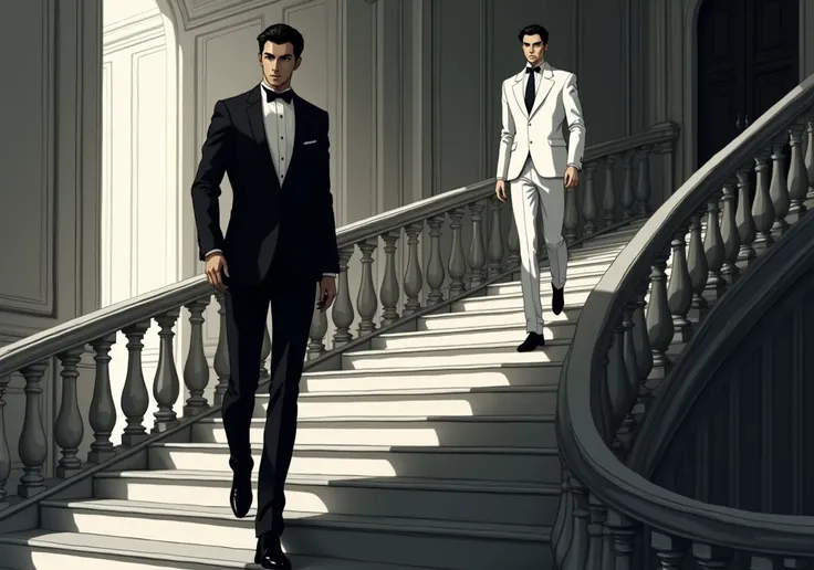  anime style, elegant man dressed in black climbing the stairs and elegant man in white walking down the stairs.  anime style