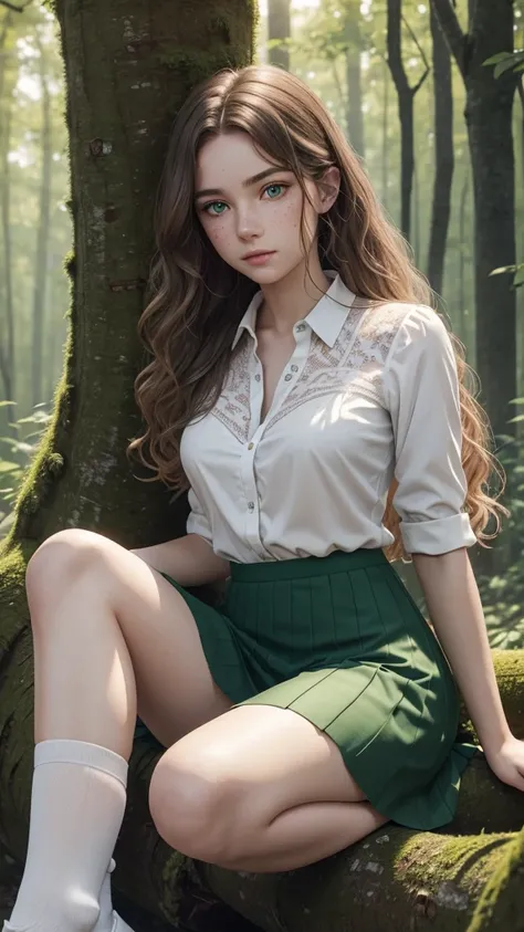 A 3D render of a professional photo of a 20-year-old rehead with very long wavy hair. She has freckles on the face and intense green eyes. She is provocatively posing by sitting on a fallen tree in a forest. She is wearing long white fishnet socks with jar...