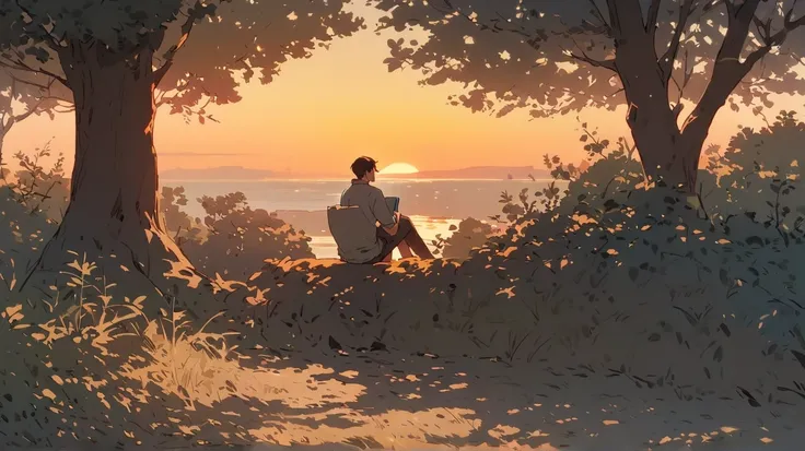 a person sitting near a tree with  , He is holding a book and is contemplating the beautiful sunset