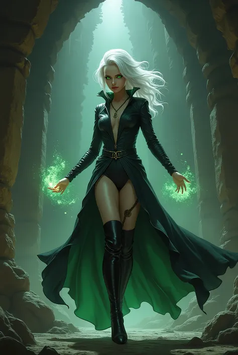 Short petite albino sorceress, pure white hair, glowing green eyes, black leather bodysuit, thigh-high boots, casting spells, deep in a dungeon. (Realistic)