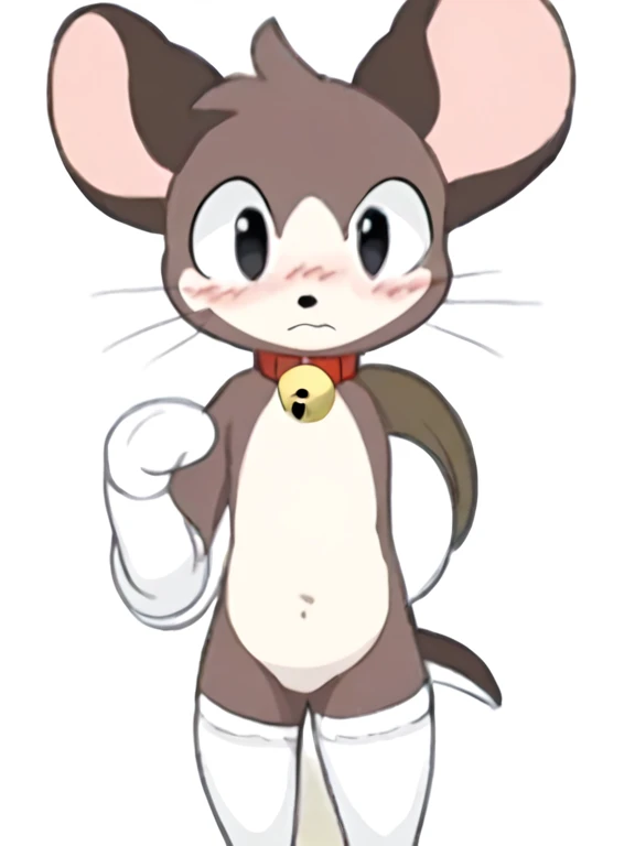   humanoid mouse ,Two-headed body,Round ears,black eyes, black round nose, Short tail ,Three toes  , four fingers , brown body ,thin, white chest ,White belly,White Hand,  white feet,Stockings,Long elbow brace , bell collar, blush,2D,((   best quality )),(...