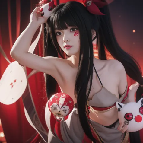 sparkle, long hair, bangs, black hair, hair ornament, twintails, (red eyes:1.3), bell, mask, mask on head, fox mask