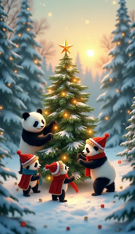 "Create a whimsical winter forest scene featuring a family of adorable pandas decorating a large, snow-covered Christmas tree. The pandas are dressed in cozy winter outfits, including colorful scarves, hats, and small cloaks, adding a warm and magical touc...