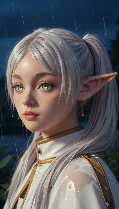 1girl, (Frieren), silver hair, ponytails, green eyes, pointy ears, detailed, white outfit, close up, glowing eyes, night, rainy, dark fantasy 