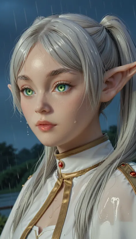 1girl, (Frieren), silver hair, ponytails, green eyes, pointy ears, detailed, white outfit, close up, glowing eyes, night, rainy, dark fantasy 