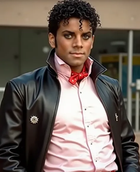 Jaafar as Michael Jackson 1982 black outfit open leather jacket pink shirt red crosstie  Billie jean music video lightly smile neutral looking at your directly short hair 4K 