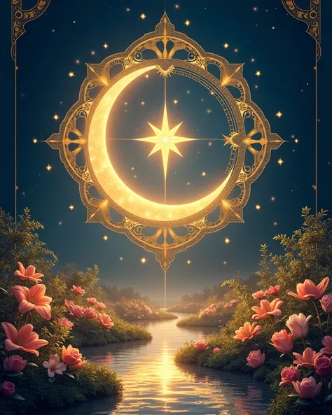 A radiant, symbolic representation of Bismillah (In the name of Allah). The central focus is a luminous crescent moon encircling a glowing, radiant star. Surrounding these celestial symbols are intricate, golden Islamic geometric patterns, glowing softly a...