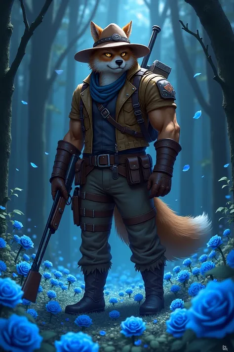 Male Furry Anime Lines 
Wearing a hunters outfit, carrying a shotgun on his shoulder, and wearing a big hat. 
Standing in a dark forest, the ground below is a field of blue roses, and blue rose petals fly around him. 