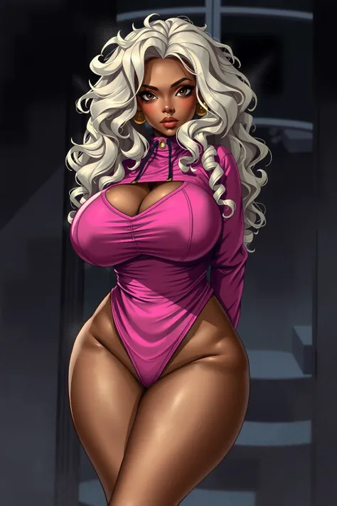 (best quality, masterpiece:1.2), Sketch of a hot looking dark brown skin woman standing in front of us. She is petite, with big breasts, cleavage, and a thin waist. She has brown eyes and long curly white hair. She is wearing a hot pink jumper. Shadow back...