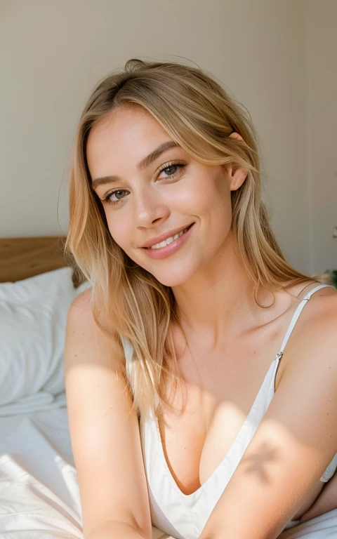 " The woman is lying on the bed ,  rests her head loosely on her hands and smiles playfully at the camera.  Her ash-blond hair frames her face ,  and the light creates a fresh ,  Depth is created by F .  The scene radiates naturalness and warmth . Photogra...