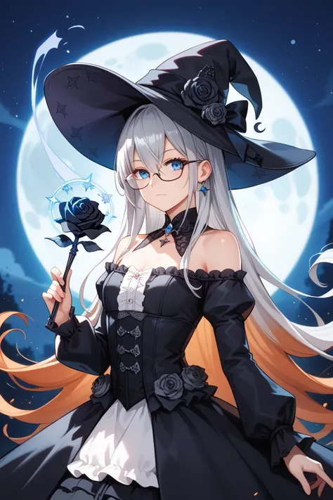 high quality,an anime character in a witch outfit with orange hair and glasses holding a wand against the night sky, 1girl, solo, baby face,dress, long hair, hat, very long hair, ample bosom,black dress, silver gray hair,blue eyes,hair between eyes, long s...