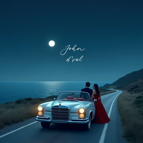 You could use a prompt like this:

"A man & woman  driving a old white model benz car on a vast road, gazing at the moon and stars in a bluish sky. The scene includes a serene, bluish sea stretching out in front of him, creating a calm and contemplative at...