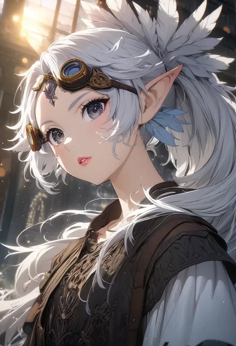 1girl,beautiful detailed eyes,beautiful detailed lips,extremely detailed eyes and face,longeyelashes,feather folk,large white wings,two-winged,pointed ears,silver hair,black eyes,goggles on eyes,ponytail,long hair,archers outfit,160cm,slender,flat chest,fl...