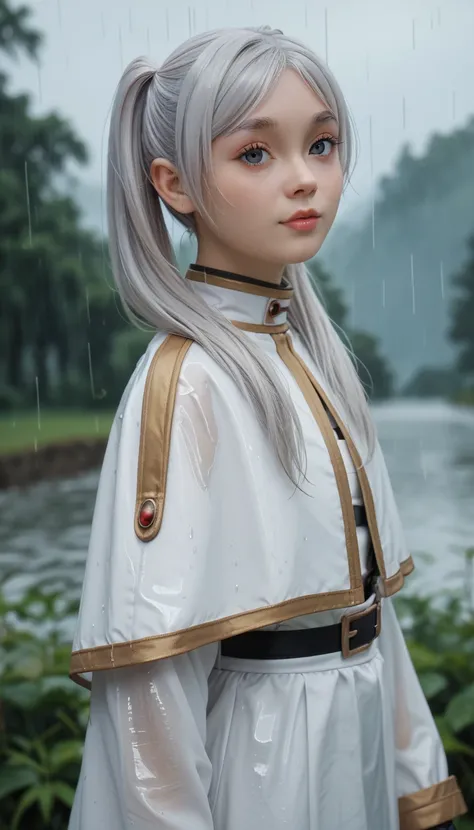 1girl, (Frieren), silver hair, ponytails, detailed, white outfit, rain, ((dark fantasy)), cinematic, deep depth of field, looking at viewer, ((cute))