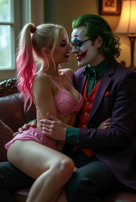  Cinematic image of Harley Quinn with colored hair and body of a porn actress big breasts and thick thighs she is wearing pink lace lingerie with a pleated skirt showing short transparent lace panties and a zoom in her vagina and sexy. She sits very sexy o...