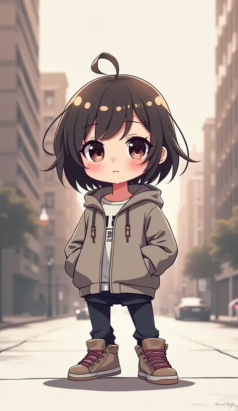 chibi sticker full body anime style desaturated color palette. Urban style clothes.