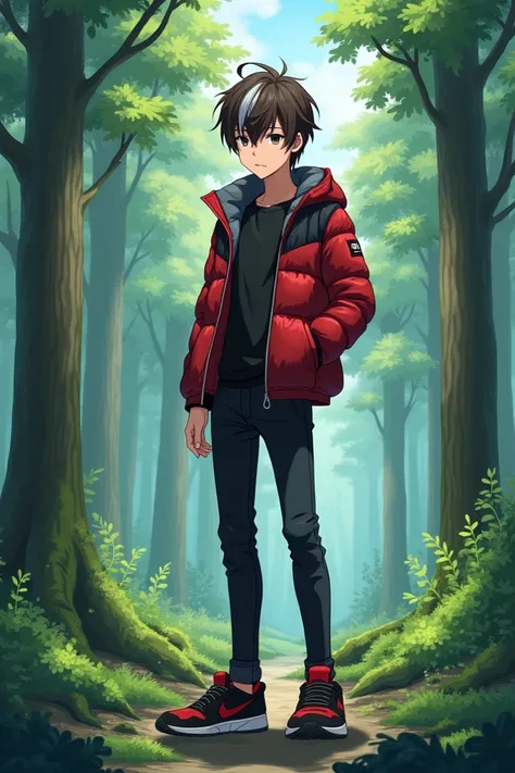 19 year old young boy 
Short brown hair with a gray strand 
Short red jacket with gray details
Simple black down shirt 
Jean black 
Black and red sports shoes 
Grey ring 
Anime style 
In a forest
Serious