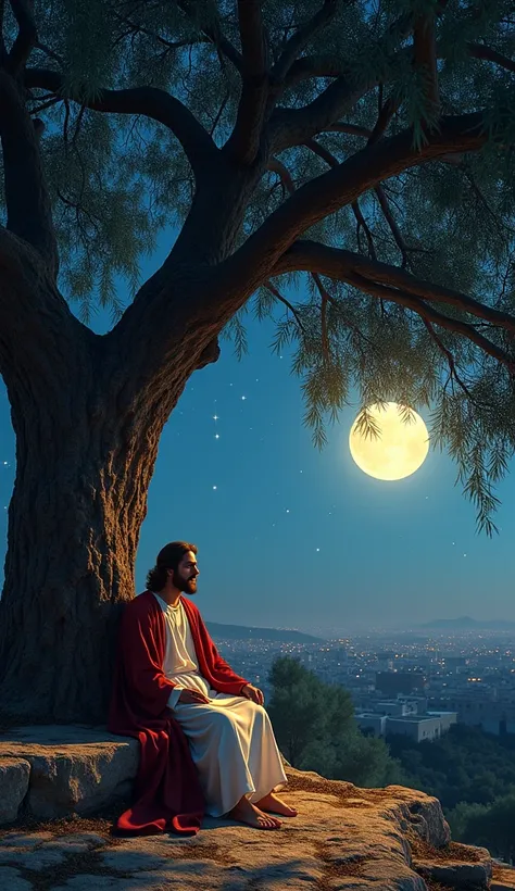 Jesus Magestoso and Beautiful , white clothing dark red robe gathered with his 12 apostles under some olive trees sitting on a bench of stones, a starry full moon night , Far away the city of Jerusalem ,some rocks  