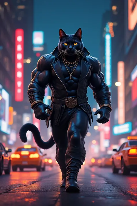 A muscular cat dressed in a sleek, stylish outfit, strolling through the bustling streets of New York City at night. The lights of the city illuminate its powerful figure."