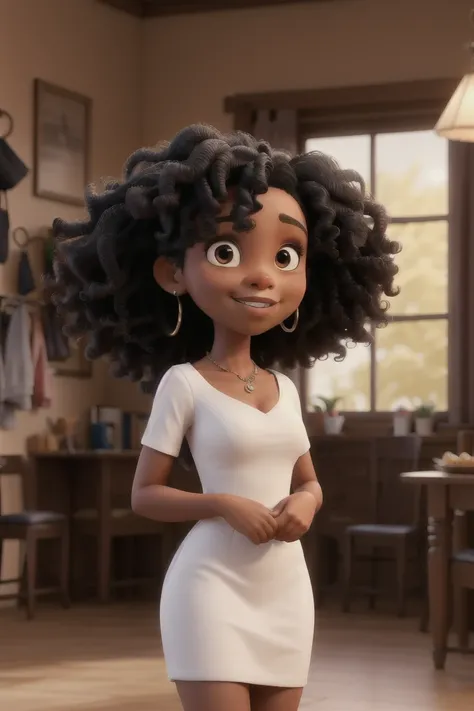 A  black woman,  curly hair,  white dress , link 