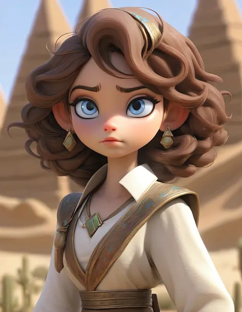 ( Wide shot of a best masterpiece :1.5)0.9], ( Desert and pyramids :1.2) (Messy curly brown hair :1.1) (Xanthochromic heterochromia and blue eyes :1.2) (Flower wreath  :1.0) (Étoiles colorées dans les yeux :1.0) (Un éclat rayonnant :1.1) ( thick lips  :0.9...