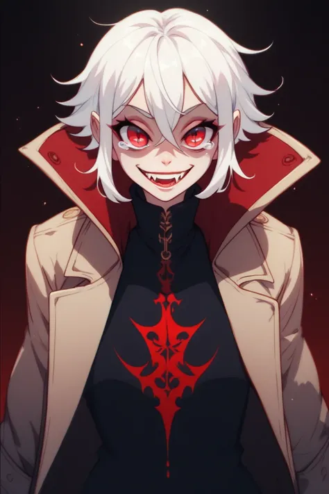  vampire girl straight white hair ,  strict look,  thin narrow face with sharp cheekbones ,  smile with teeth,  strict straight nose ,  black clothes high collar trench coat, adult age ,  red pupils , full length picture, dark background, red tears