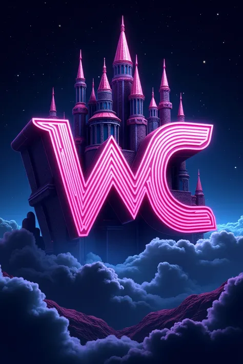 An eighties logo with the initials " Wavy Castle " with neons and space 