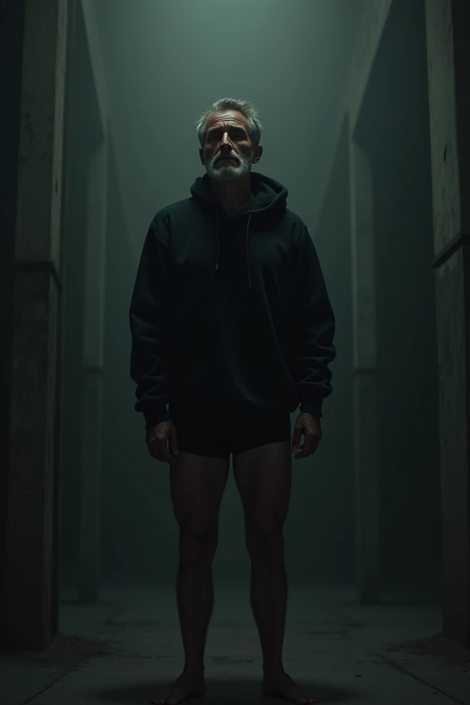 A dumb and lonely man with a mature face and a full-length photo with a black hoodie and boxers inside a dark and deep environment