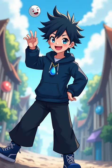  young boy 
Black hair with a dark blue tuft 
Dark blue sweatshirt with white details 
Wide black below-the-knee pants 
Dark blue and black boots 
Necklace in the shape of a water drop 
Anime style 
Smiley 
White dark blue eyes 
Throwing the water away smi...