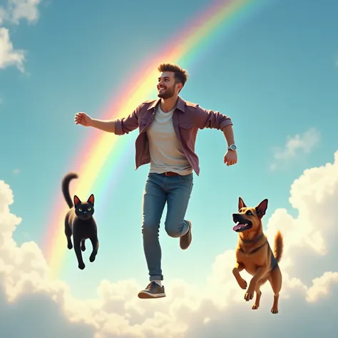 One Directions Liam Payne running and playing in the sky with a black cat
And a German shepherd dog while reflecting the rainbow in the background 