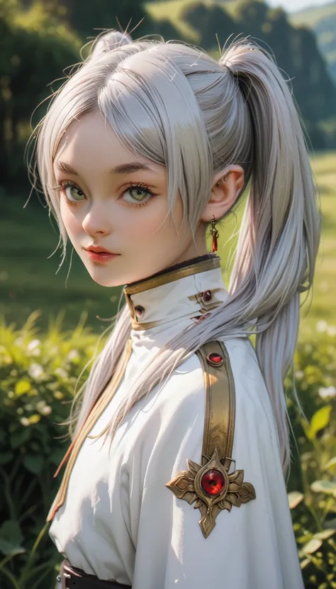 1girl, (Frieren), silver hair, ponytails, detailed, white outfit, dark fantasy, ((dark fantasy)), cinematic, deep depth of field, looking at viewer, green eyes, (twilight)