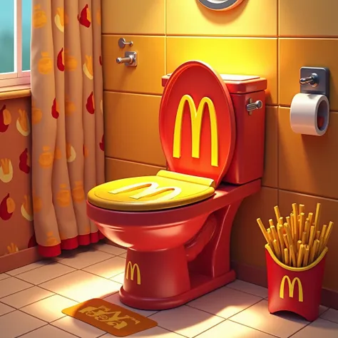 Create a detailed and fun image of a McDonalds-themed toilet in a playful bathroom setting. The toilet is designed with McDonalds signature red and yellow colors, featuring the classic golden arches logo on the tank and the seat. The toilet tank has a slee...