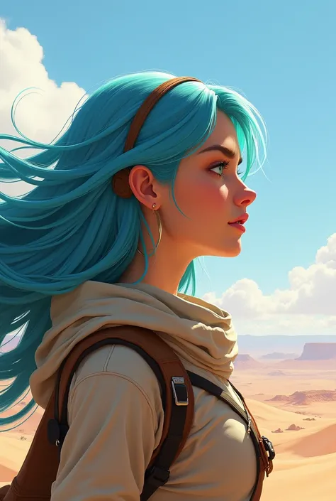 Beautifully drawn, high quality, ultra-detailed CG illustration of a young woman with a serene expression, gazing into the distance with his striking light blue hair gently waving in the desert breeze. The scenery behind him is vast and breathtaking, drawi...