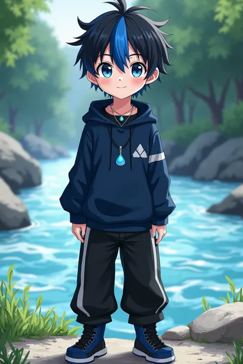  old young boy
White dark blue eyes tall
Black hair with a dark blue tuft in the middle of the forehead
Dark blue sweatshirt with white details 
Wide black below-the-knee pants 
Dark blue and black boots 
Necklace in the shape of a water drop 
Anime style ...