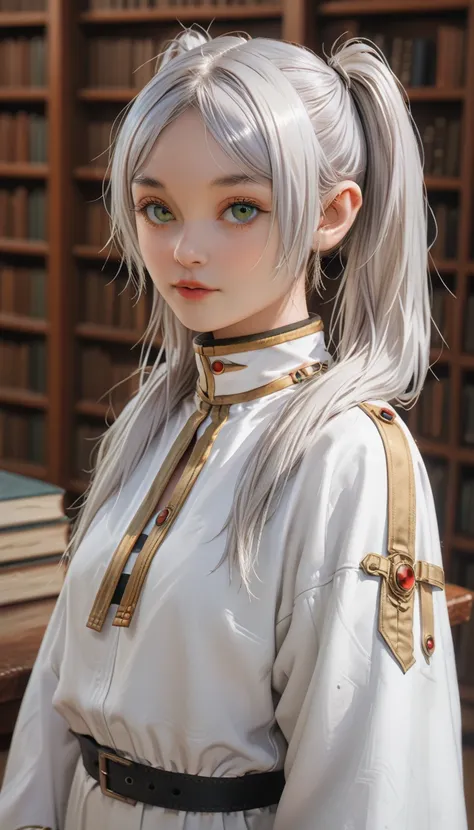 1girl, (Frieren), silver hair, ponytails, detailed, white outfit, front, ((dark fantasy)), cinematic, deep depth of field, looking at viewer, green eyes, library 