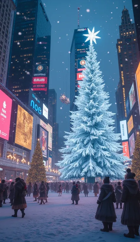 A sparkling Times Square where every billboard is replaced with glowing magical runes, showcasing wintery spells. Massive enchanted Christmas trees are surrounded by mythical creatures like fairies and ice dragons. Floating snowflakes illuminate the street...