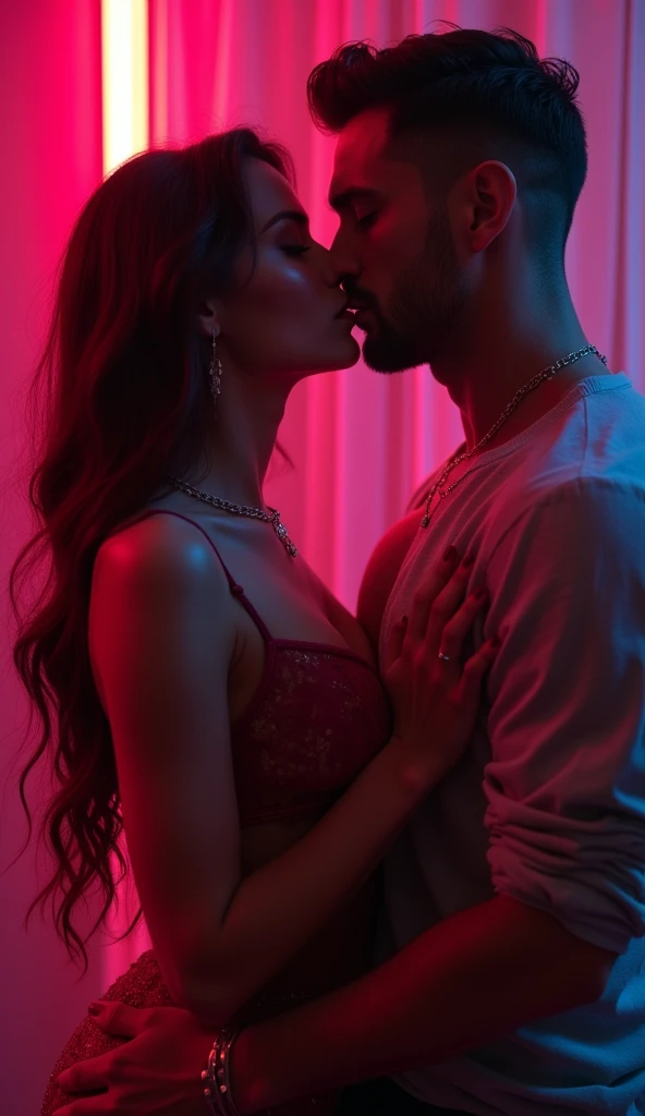 a very bueatiful sexy woman in her 30s, with realistic and beautiful body and perfect makeup, is kissing and touching a beautiful man in his 30s, super sexual tension in a neon dark ambiance