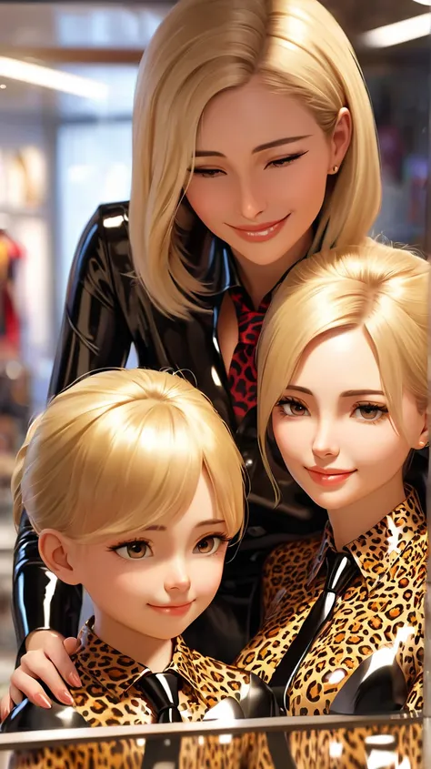 Mother and young daughter in extremely tight shiny latex blouse buttoned with leopard print, Necktie,  high resolution ,  masterpiece, Medium hair,  blonde hair, smile, Lens reflection, Reflected light, Are in store , ,Lens reflection, Reflected light, 