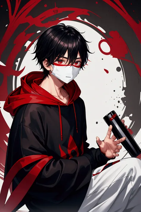 a boy with a hoddie and a japaness mask on corevring his face completly. we dont see his face and his clothes are black and red. 