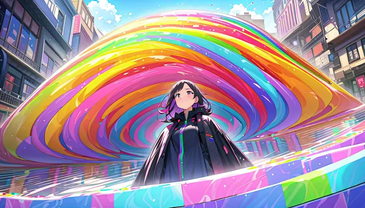 (  Masterpiece  ,  top quality,  Official Art:1.2), ( colorful ),  watching the audience,  one girl, Alone,  white background , floating  colorful  water,   Ultra Fine Illustration  , highly   Details,  dynamic angle, beautiful   Details, 8k, break smiling...