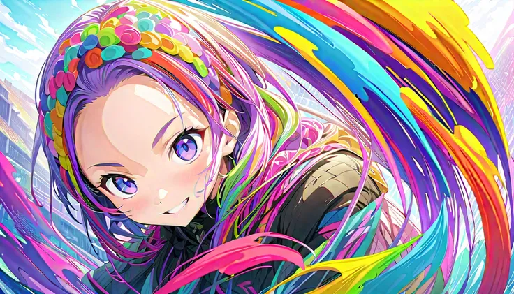 (  Masterpiece  ,  top quality,  Official Art:1.2), ( colorful ),  watching the audience,  one girl, Alone,  white background , floating  colorful  water,   Ultra Fine Illustration  , highly   Details,  dynamic angle, beautiful   Details, 8k, break smiling...