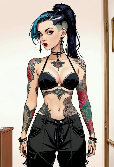 A sexy slim goth girl, big sagging breasts, extra slim bikini bra, baggy trousers, fringe + ponytail + undercut square hairstyle, full tattooed 