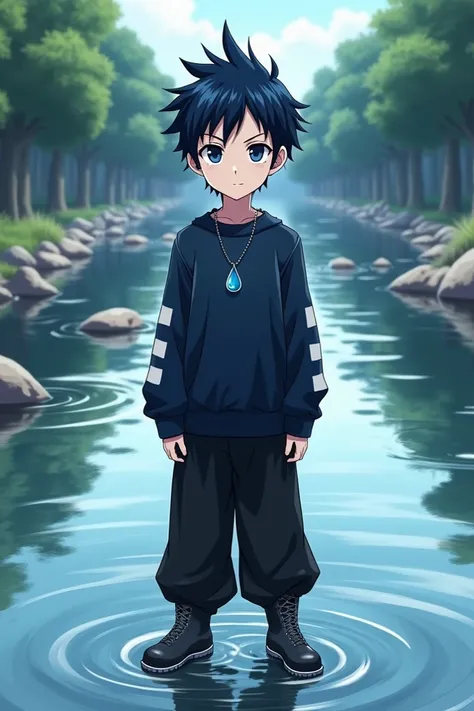  old young boy
White dark blue eyes tall
Black hair with a dark blue tuft in the middle of the forehead
Dark blue sweatshirt with white details 
Wide black below-the-knee pants 
Dark blue and black boots 
Necklace in the shape of a water drop 
Serious anim...