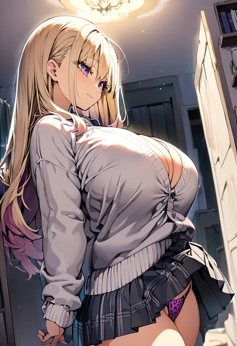  1 girl 　 pretty girl 　 anime style　Anime Face　 anime style　Beauty　Big Breasts　 the jacket is a white cardigan　Black color pleated skirt　Dark purple leopard print thong　Very small panties　Very thin panties　Blonde hair　 straight hair　 long hair　 low angle　 ...