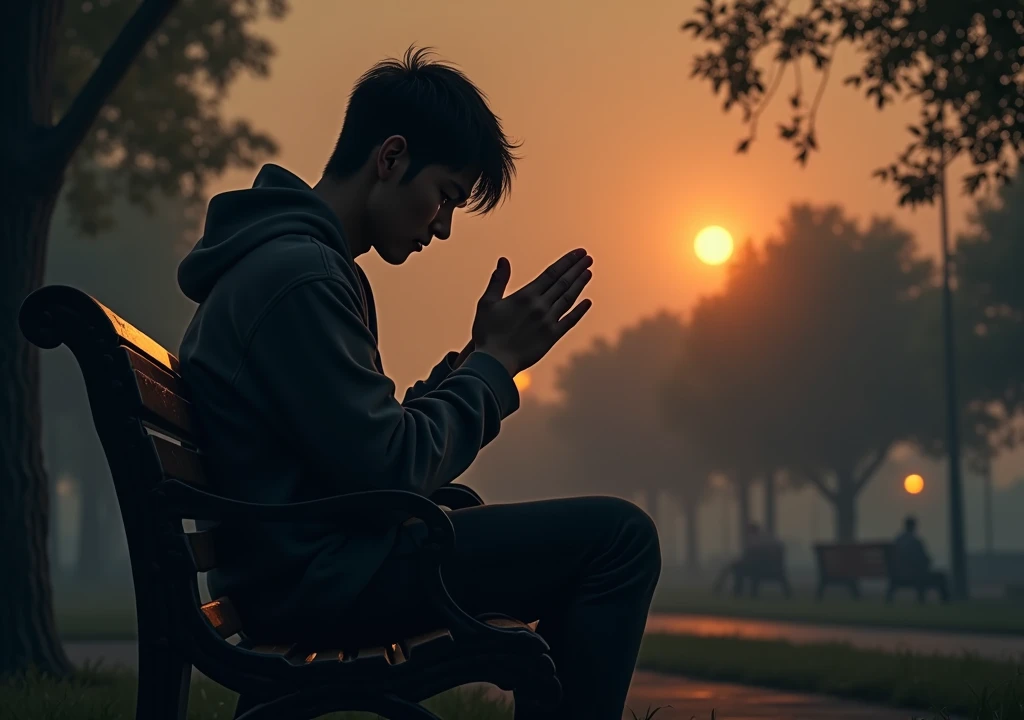  3
A young man sitting on a park bench at dusk, with tears in my eyes and hands joined in prayer .

