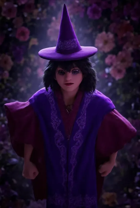 An evil young man with a purple eye, a purple hat and a long purple robe 