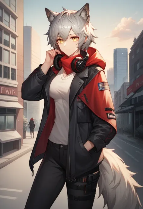 1girl, hood, projekt_red_(arknights), solo, animal_ears, fur-trimmed_hood, wolf_ears, fur_trim, tail, grey_hair, jacket, hood_up, bag, yellow_eyes, hooded_jacket, looking_at_viewer, red_jacket, pants, outdoors, wolf_tail, mask_around_neck, hair_between_eye...