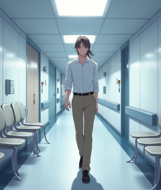  A 38-year-old anime man , To Love Ru,  soft lighting ,  walking down the corridor of a huge white faith hospital and white slabs with chairs attached to the walls , He is 1.80 cm, his body is thin and stocky ,  endomorphic body type ,  he has long dark br...